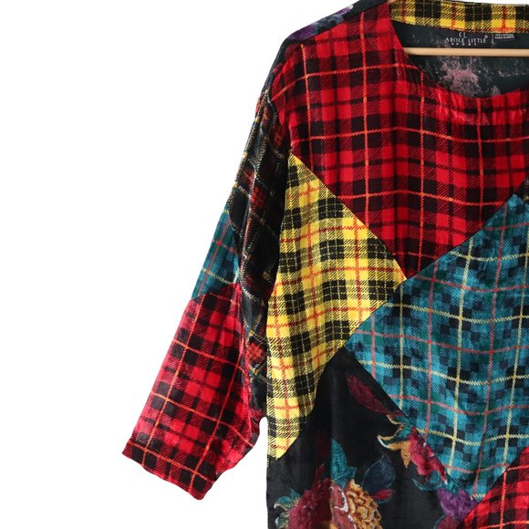 vintage 90s plaid velvet patchwork tunic top M holiday blouse shirt boho vtg - Picture 5 of 6